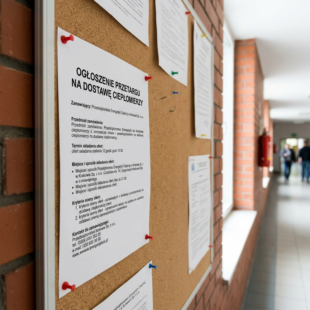 Tender announcement for heat meters supply pinned on a bulletin board